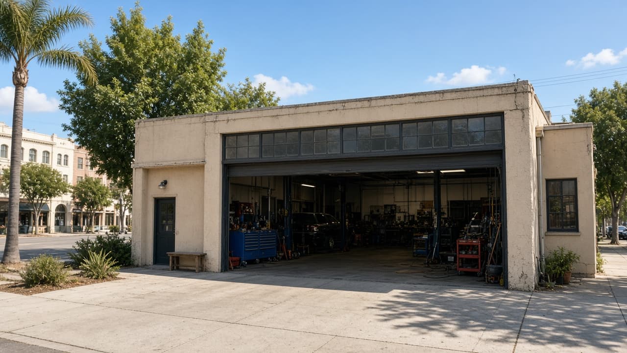 Exterior view of an auto repair shop bay
