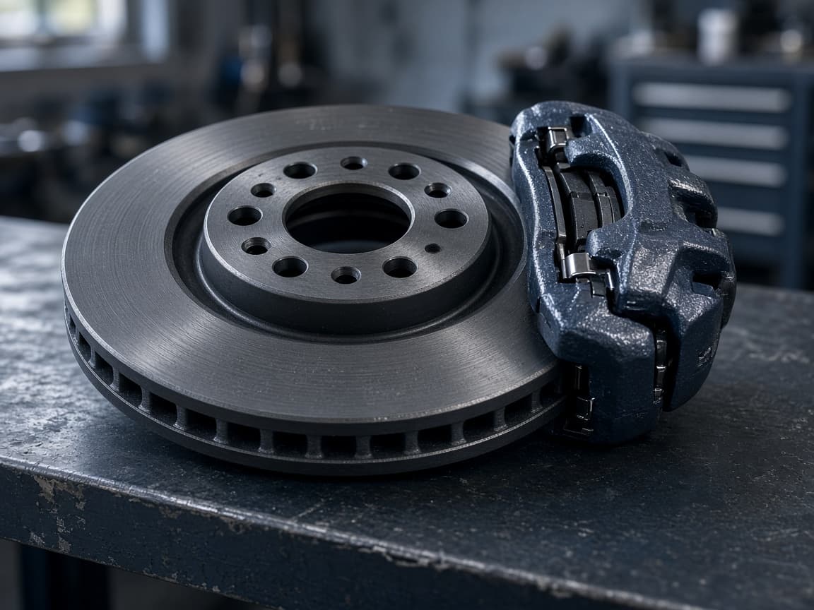 Brake rotor and caliper on a shop workbench