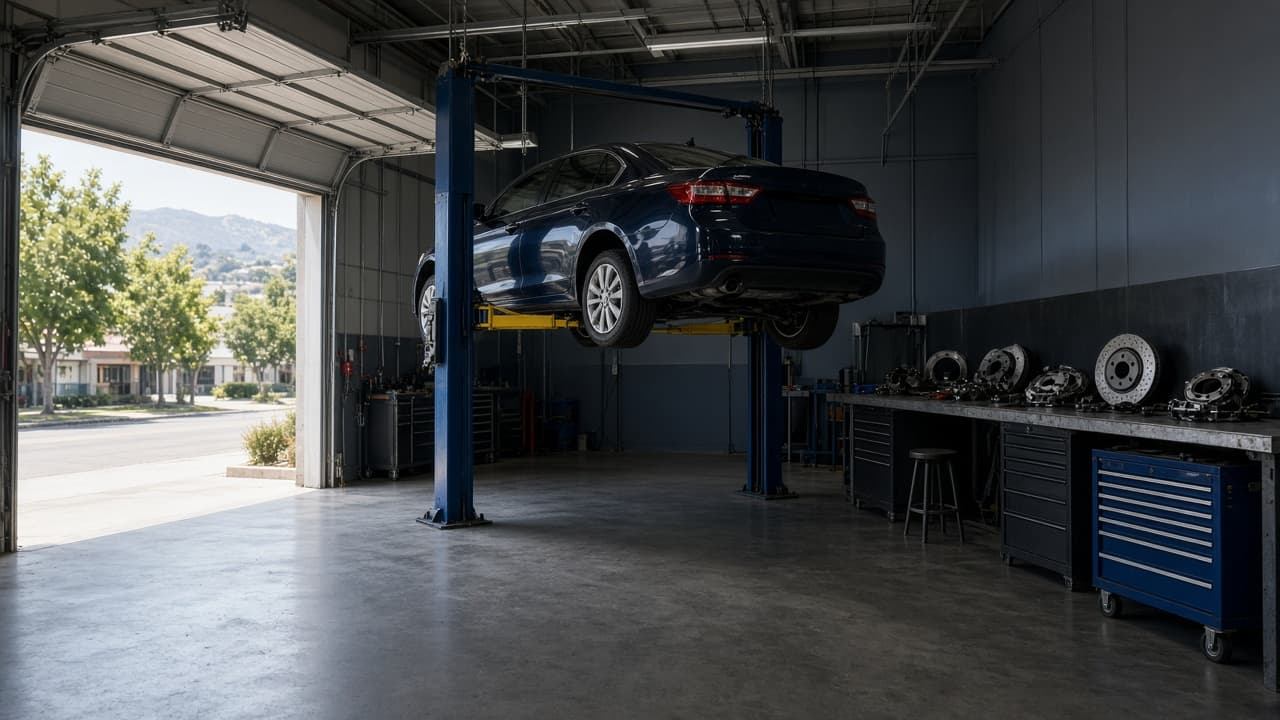 Vehicle on a lift inside an auto repair bay
